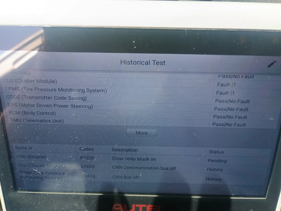 Autel scan tool showing a historical module test with pending and stored faults - Menifee, CA